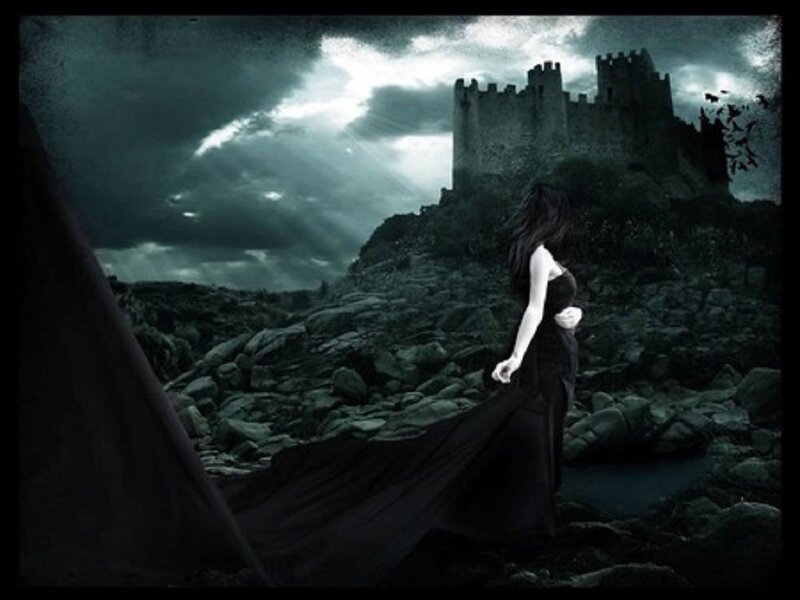 Woman in Black Dress — Dramatic, Night, Digital Art, Castle, Rocks, Clouds