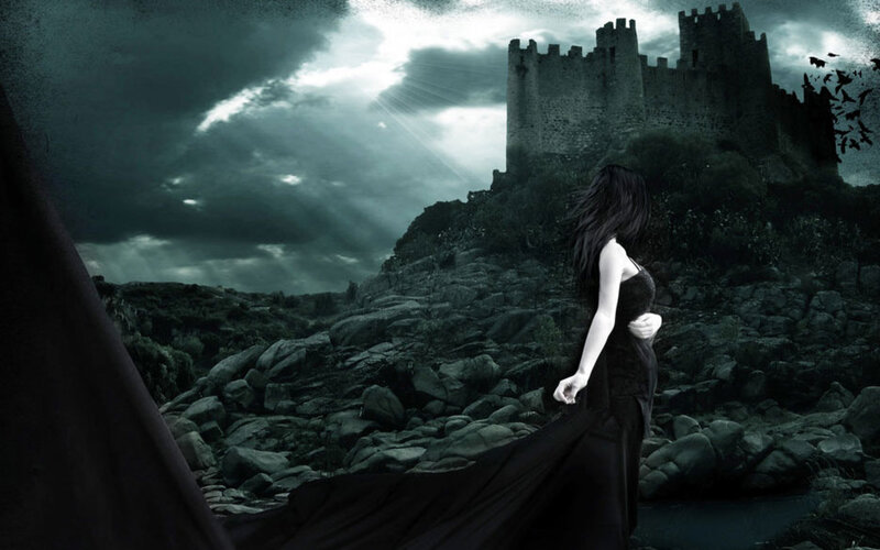 Woman in Black Dress — Dramatic, Night, Digital Art, Castle