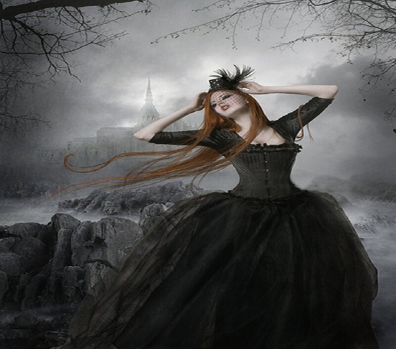 Woman in Black Dress — Dramatic, Night, Digital Art, Castle, Trees