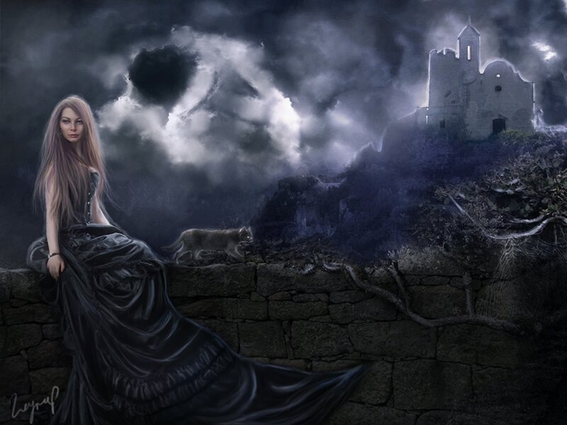 Woman in Black Dress — Dramatic, Night, Digital Art, Cat