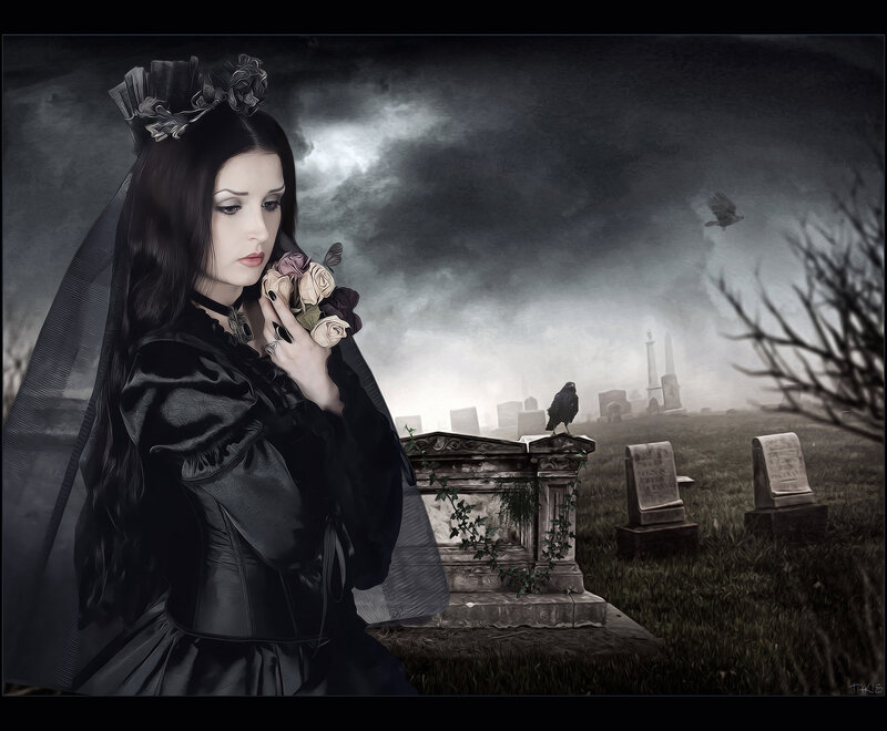 Woman in Black Dress — Dramatic, Night, Digital Art, Cemetery