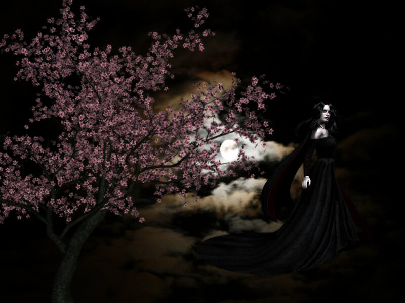 Woman in Black Dress — Dramatic, Night, Digital Art, Cherry Blossom Tree
