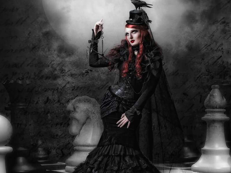 Woman in Black Dress — Dramatic, Night, Digital Art, Chess Pieces