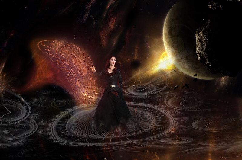 Woman in Black Dress — Dramatic, Night, Digital Art, Clocks