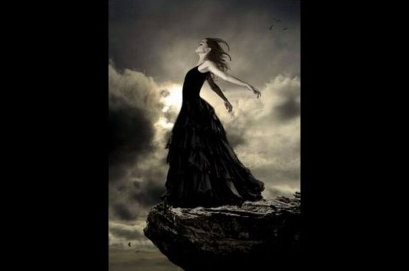 Woman in Black Dress — Dramatic, Night, Digital Art, Clouds