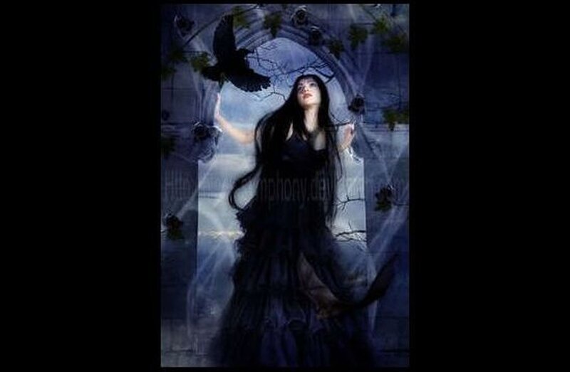 Woman in Black Dress — Dramatic, Night, Digital Art, Crow, Archway