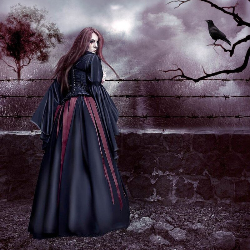 Woman in Black Dress — Dramatic, Night, Digital Art, Crow, Barbed Wire