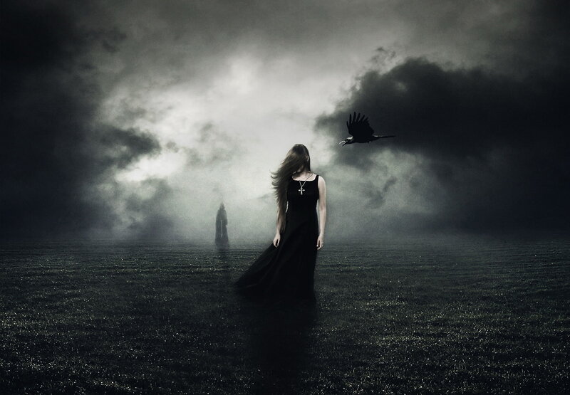Woman in Black Dress — Dramatic, Night, Digital Art, Crow, Ghostly Figure