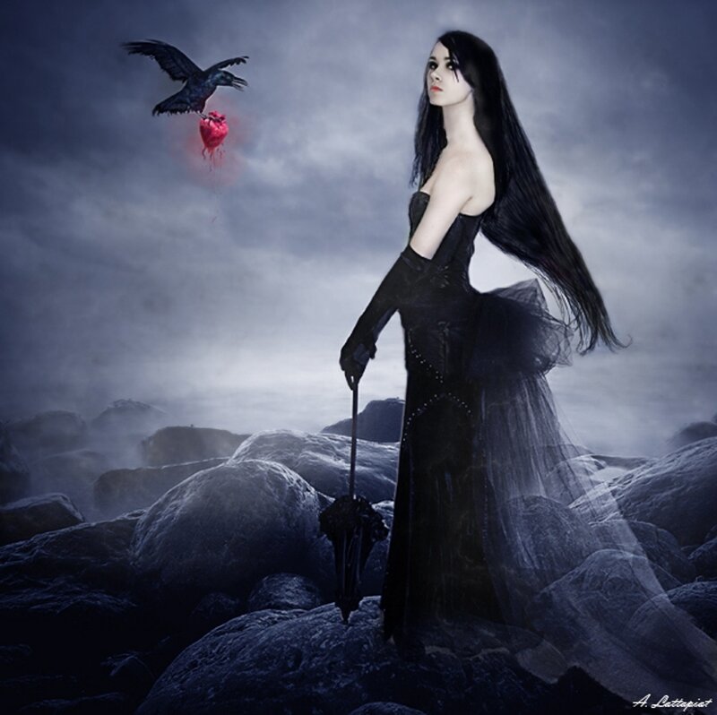 Woman in Black Dress — Dramatic, Night, Digital Art, Crow, Heart