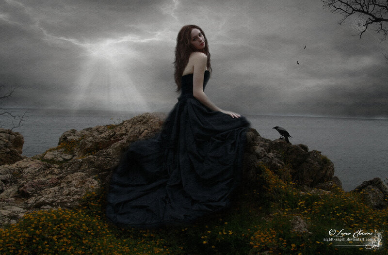 Woman in Black Dress — Dramatic, Night, Digital Art, Crow, Rocks