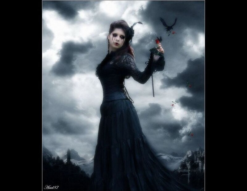Woman in Black Dress — Dramatic, Night, Digital Art, Crow, Rose