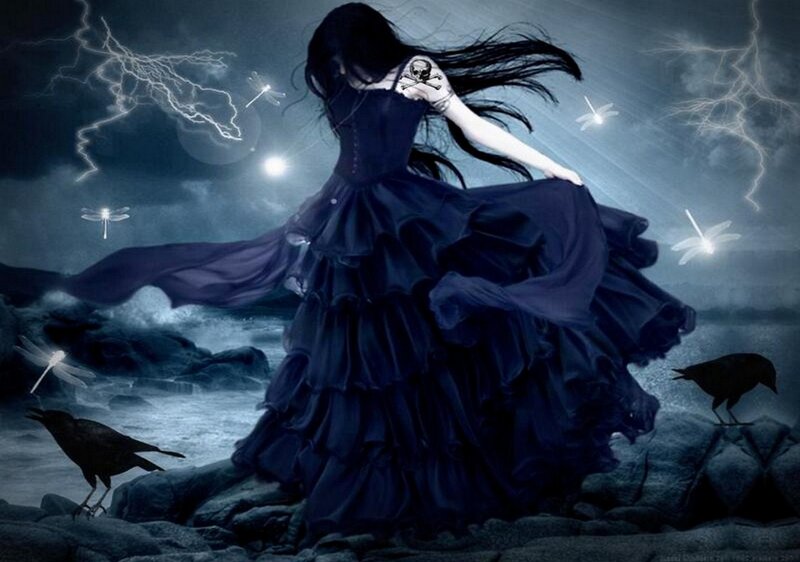 Woman in Black Dress — Dramatic, Night, Digital Art, Crows, Lightning