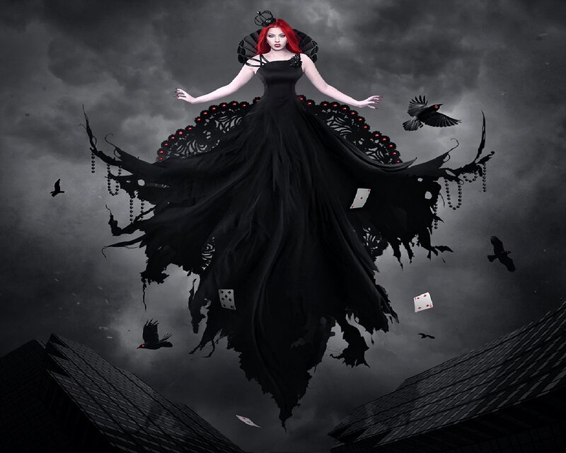 Woman in Black Dress — Dramatic, Night, Digital Art, Crows, Playing Cards, Skulls