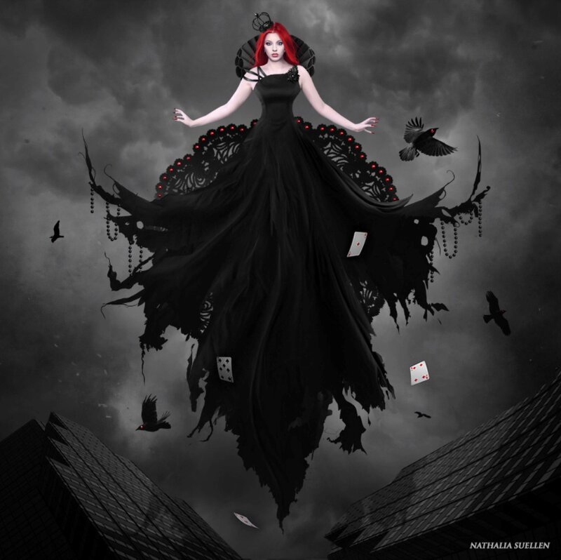 Woman in Black Dress — Dramatic, Night, Digital Art, Crows, Playing Cards