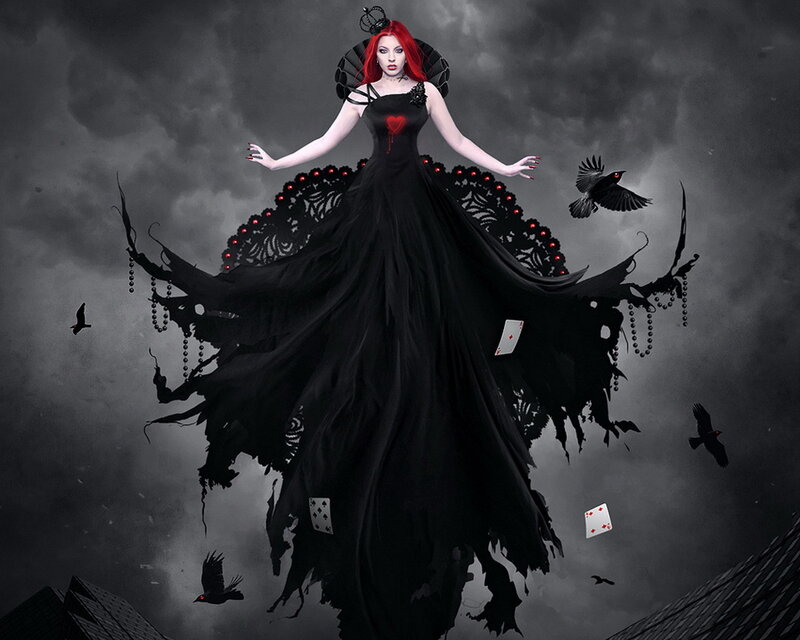Woman in Black Dress — Dramatic, Night, Digital Art, Crows