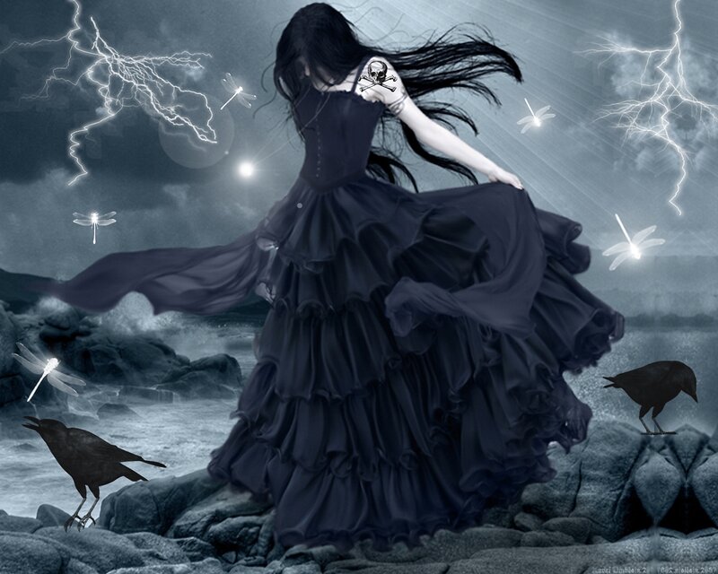 Woman in Black Dress — Dramatic, Night, Digital Art, Dragonflies