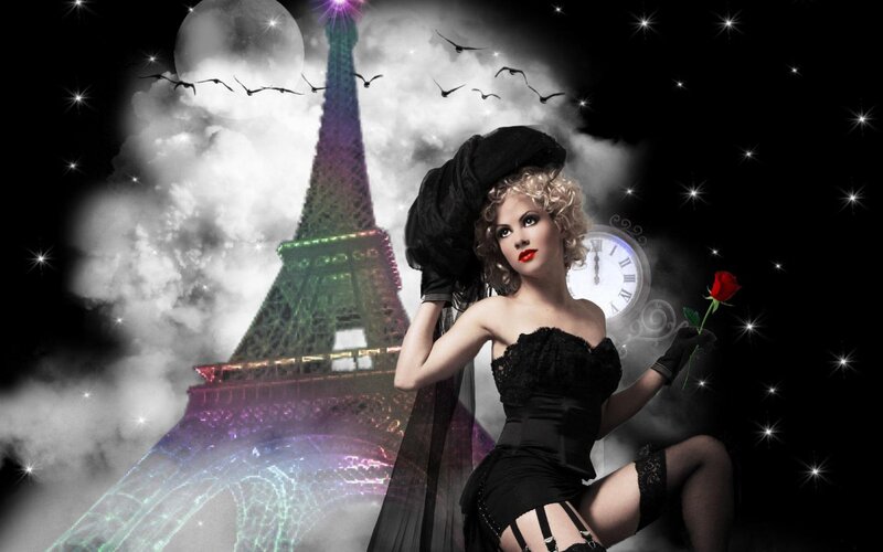 Woman in Black Dress — Dramatic, Night, Digital Art, Eiffel Tower