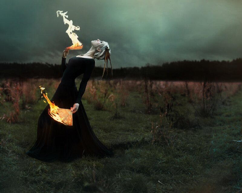 Woman in Black Dress — Dramatic, Night, Digital Art, Fire, Field