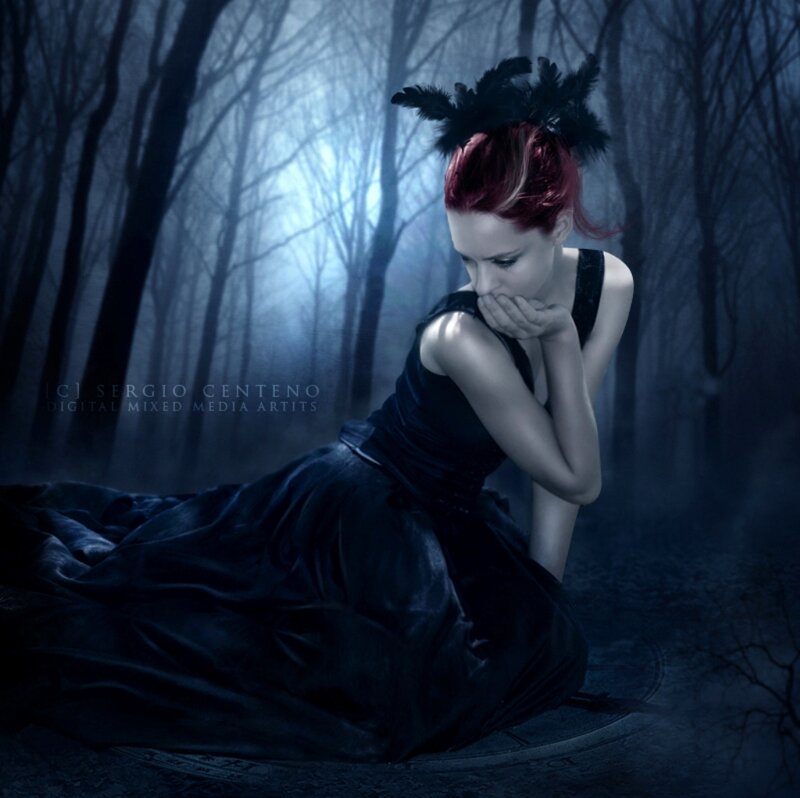 Woman in Black Dress — Dramatic, Night, Digital Art, Forest, Feather Headpiece