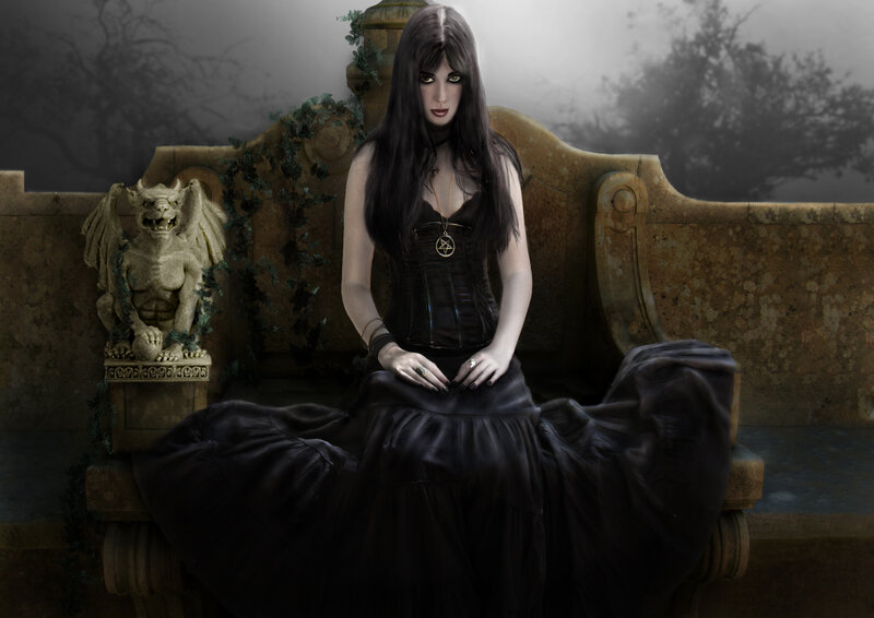 Woman in Black Dress — Dramatic, Night, Digital Art, Gargoyle Statue