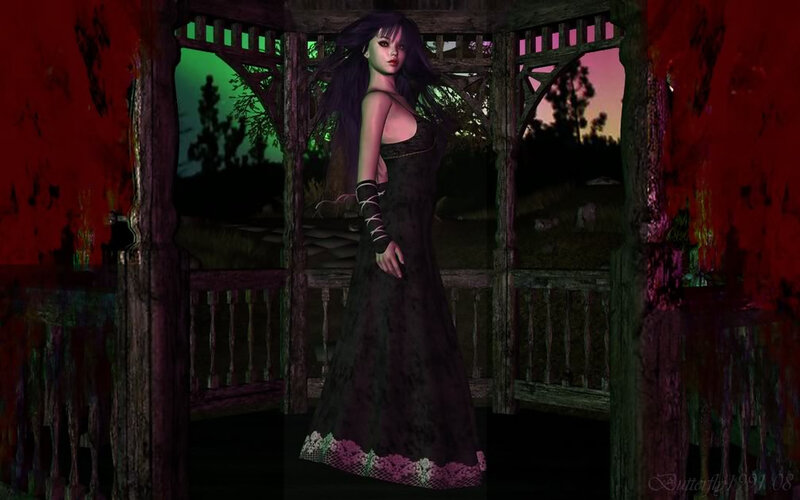 Woman in Black Dress — Dramatic, Night, Digital Art, Gazebo