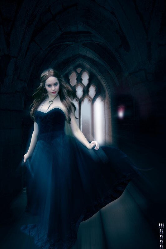 Woman in Black Dress — Dramatic, Night, Digital Art, Gothic Arch