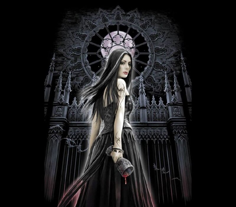 Woman in Black Dress — Dramatic, Night, Digital Art, Gothic Architecture