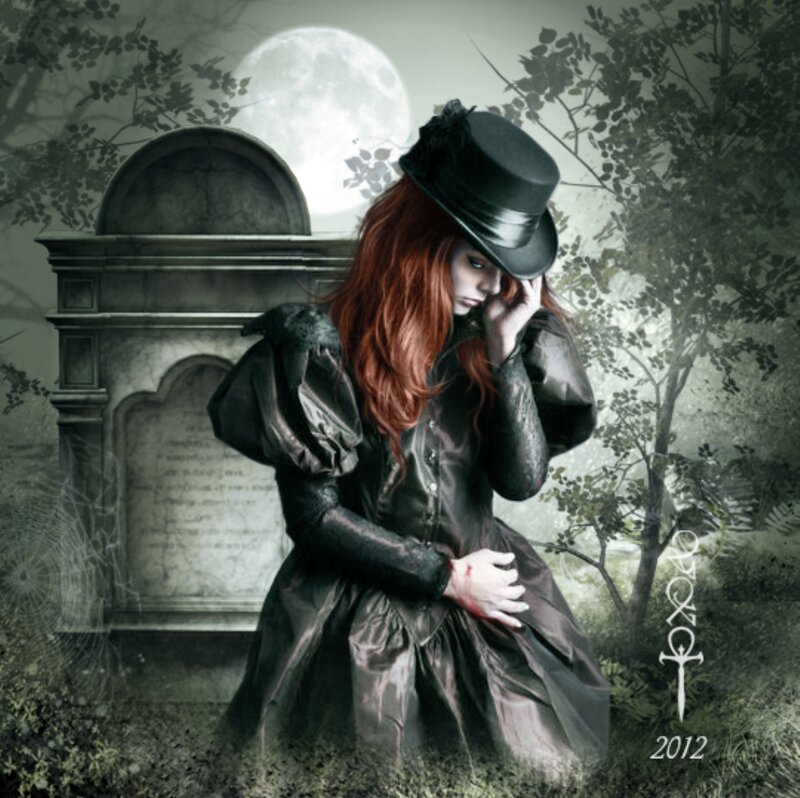 Woman in Black Dress — Dramatic, Night, Digital Art, Gravestone, Moon