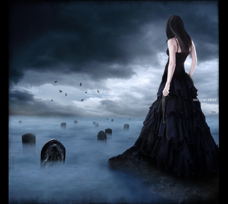 Woman in Black Dress — Dramatic, Night, Digital Art, Gravestones