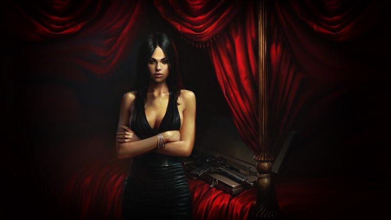 Woman in Black Dress — Dramatic, Night, Digital Art, Gun