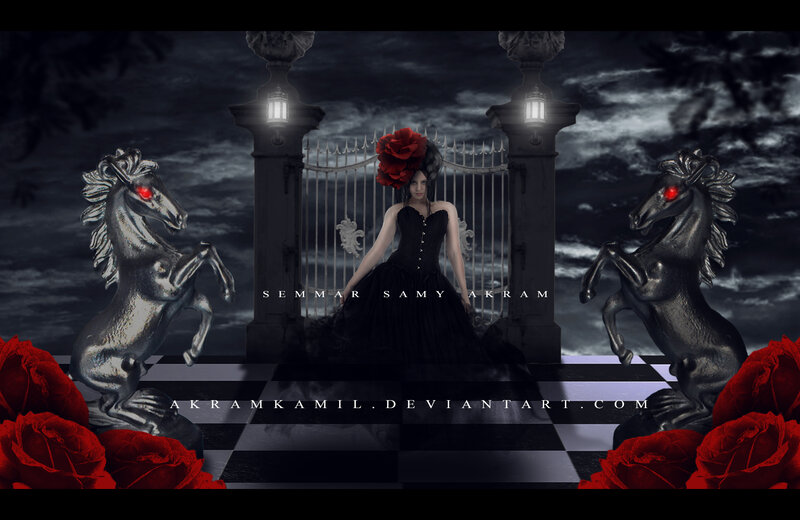 Woman in Black Dress — Dramatic, Night, Digital Art, Horses