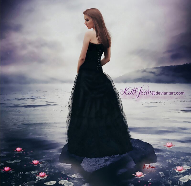 Woman in Black Dress — Dramatic, Night, Digital Art, Lake