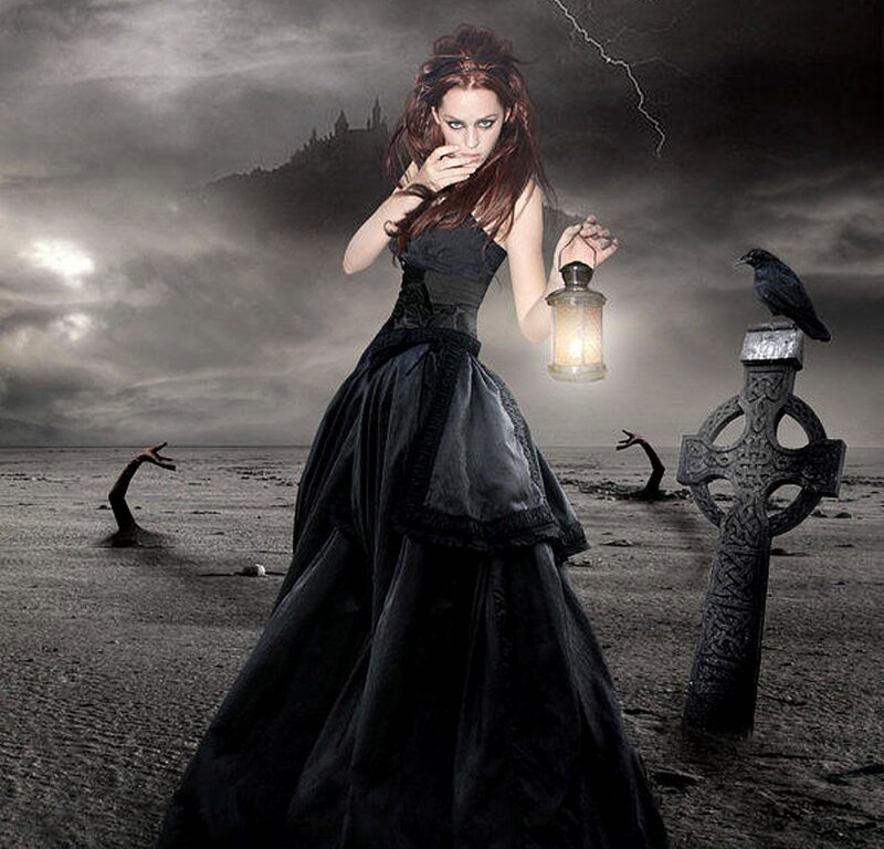 Woman in Black Dress — Dramatic, Night, Digital Art, Lantern, Crow