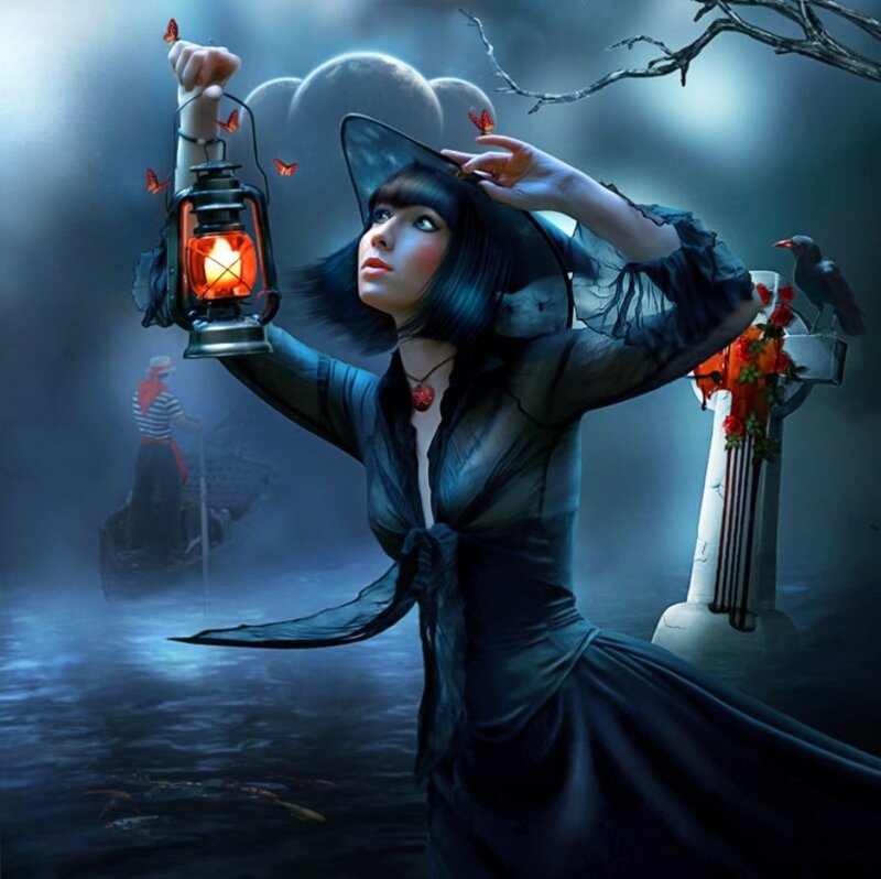 Woman in Black Dress — Dramatic, Night, Digital Art, Lantern, Crows
