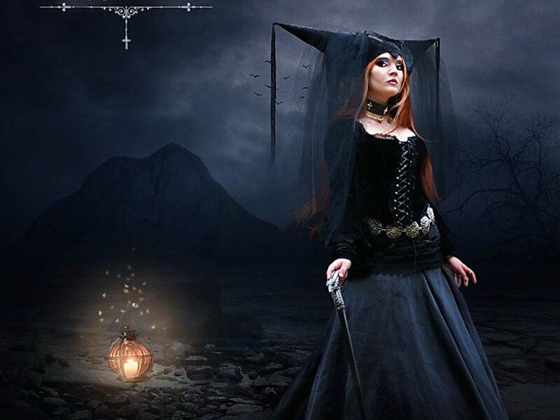 Woman in Black Dress — Dramatic, Night, Digital Art, Lantern, Mountain