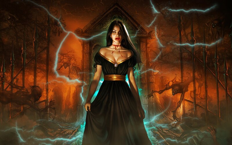 Woman in Black Dress — Dramatic, Night, Digital Art, Lightning, Demons