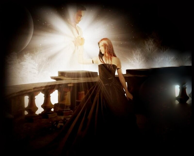 Woman in Black Dress — Dramatic, Night, Digital Art, Man, Moon