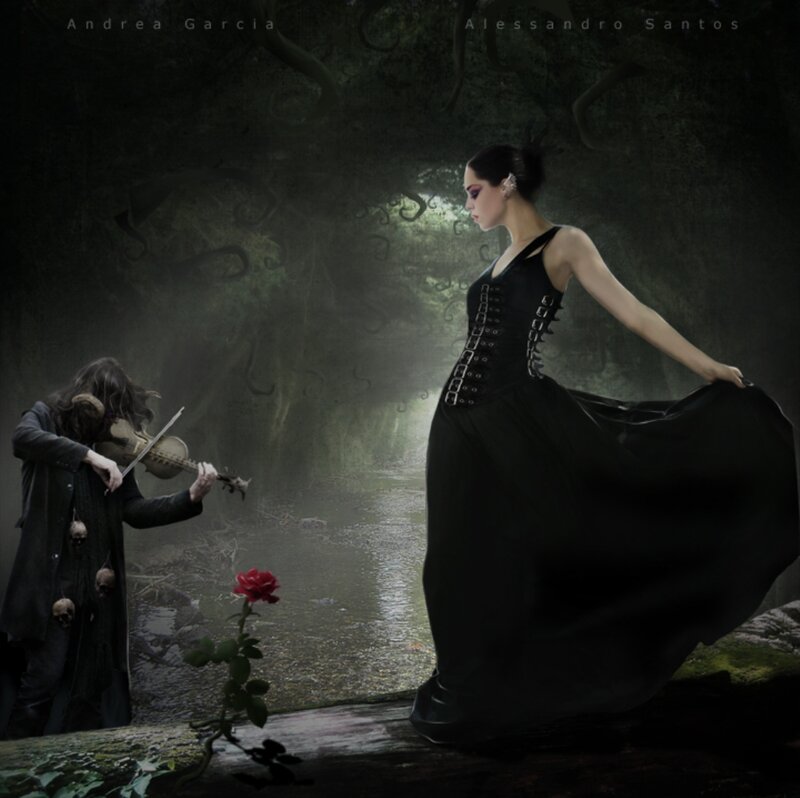 Woman in Black Dress — Dramatic, Night, Digital Art, Man Playing Violin