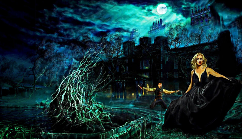 Woman in Black Dress — Dramatic, Night, Digital Art, Man, Tree