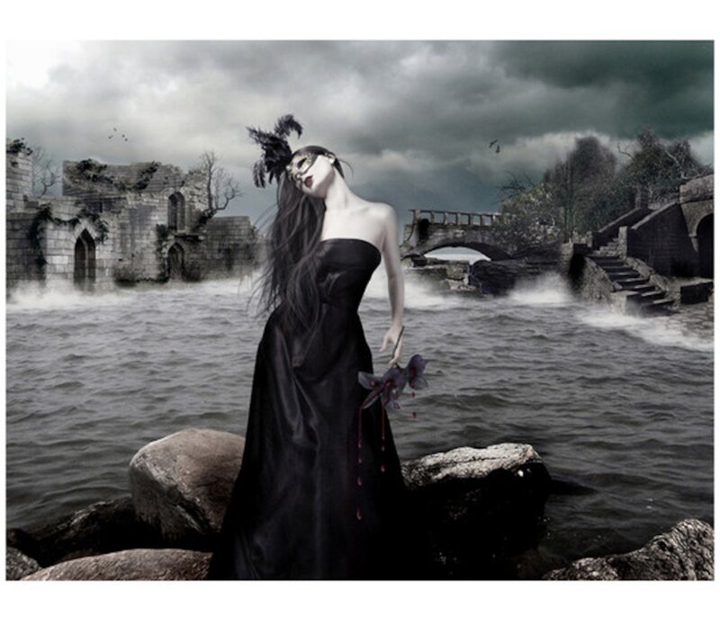 Woman in Black Dress — Dramatic, Night, Digital Art, Mask, Castle Ruins