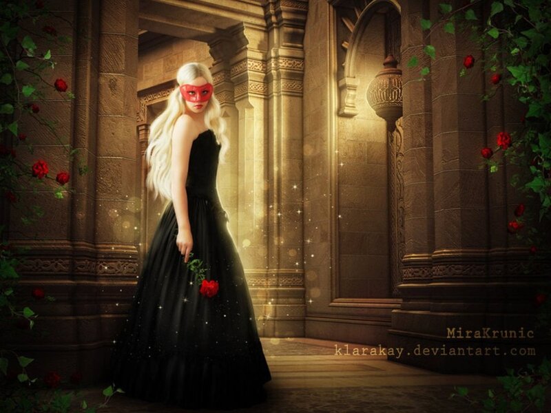Woman in Black Dress — Dramatic, Night, Digital Art, Mask, Rose, Column