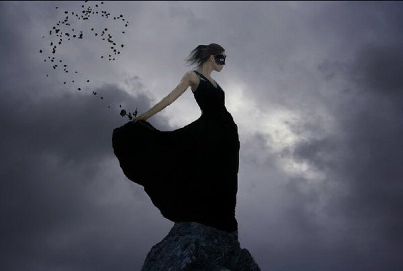 Woman in Black Dress — Dramatic, Night, Digital Art, Mask, Rose