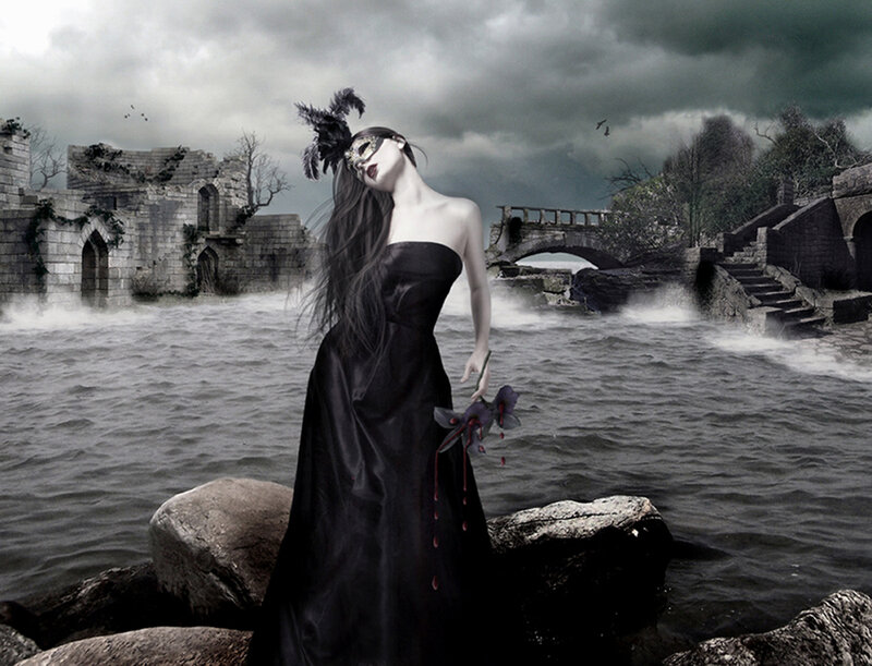 Woman in Black Dress — Dramatic, Night, Digital Art, Mask