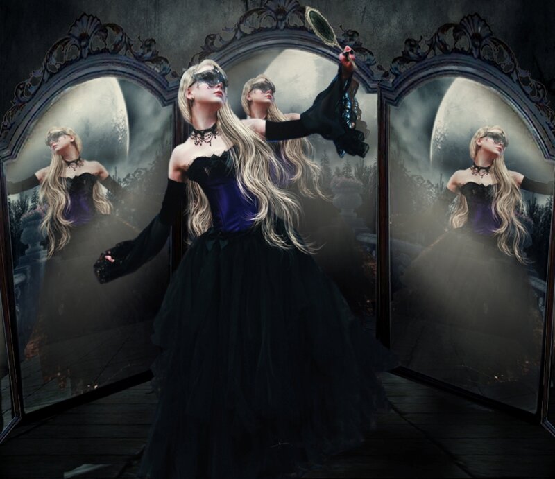 Woman in Black Dress — Dramatic, Night, Digital Art, Mirror, Mask