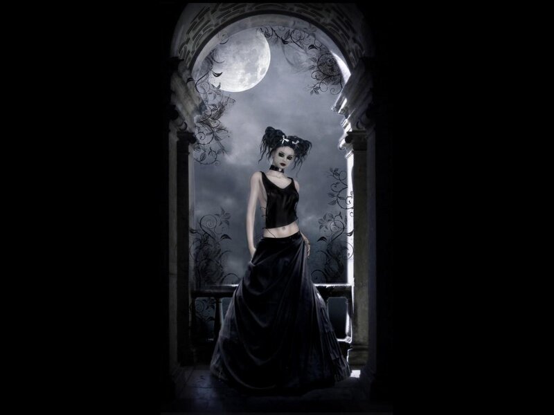 Woman in Black Dress — Dramatic, Night, Digital Art, Moon, Archway
