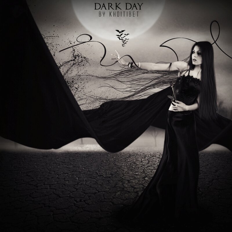 Woman in Black Dress — Dramatic, Night, Digital Art, Moon, Bats