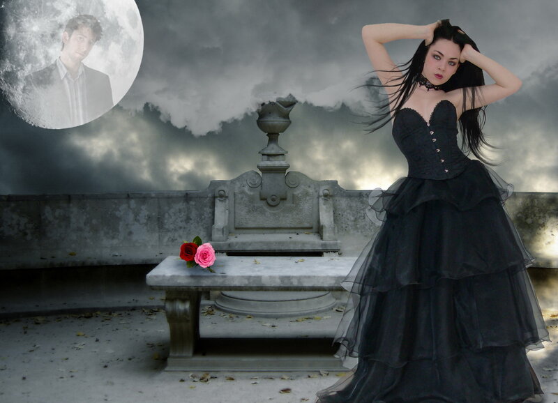 Woman in Black Dress — Dramatic, Night, Digital Art, Moon, Bench
