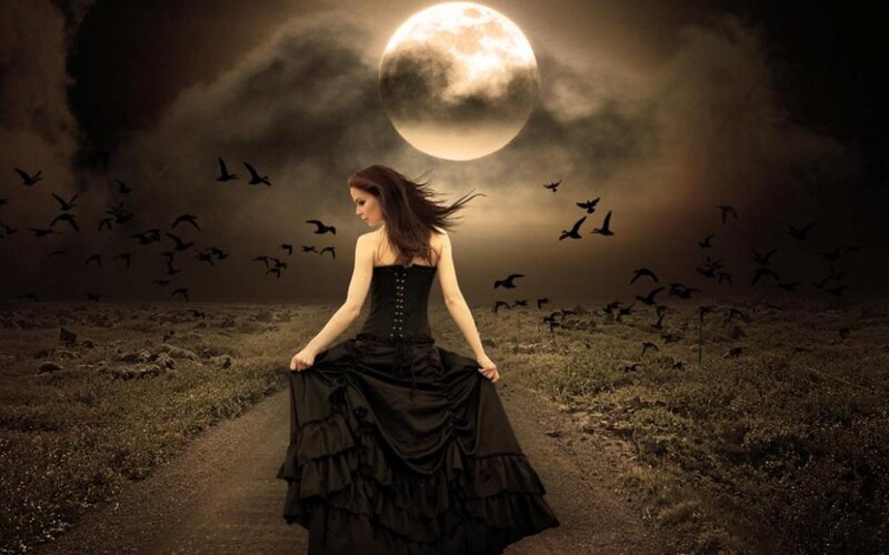 Woman in Black Dress — Dramatic, Night, Digital Art, Moon, Birds, Field