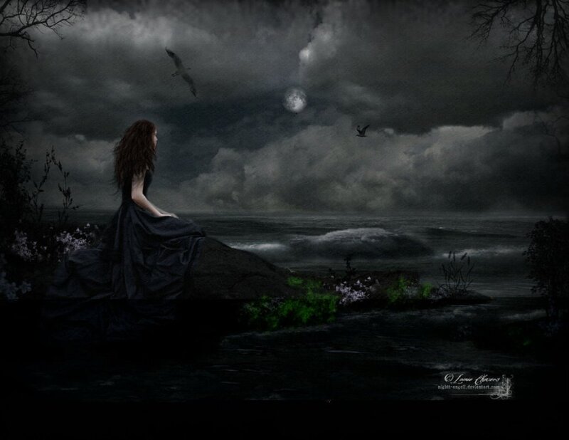 Woman in Black Dress — Dramatic, Night, Digital Art, Moon, Birds, Sea
