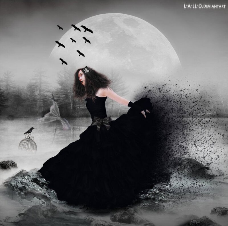 Woman in Black Dress — Dramatic, Night, Digital Art, Moon, Birds